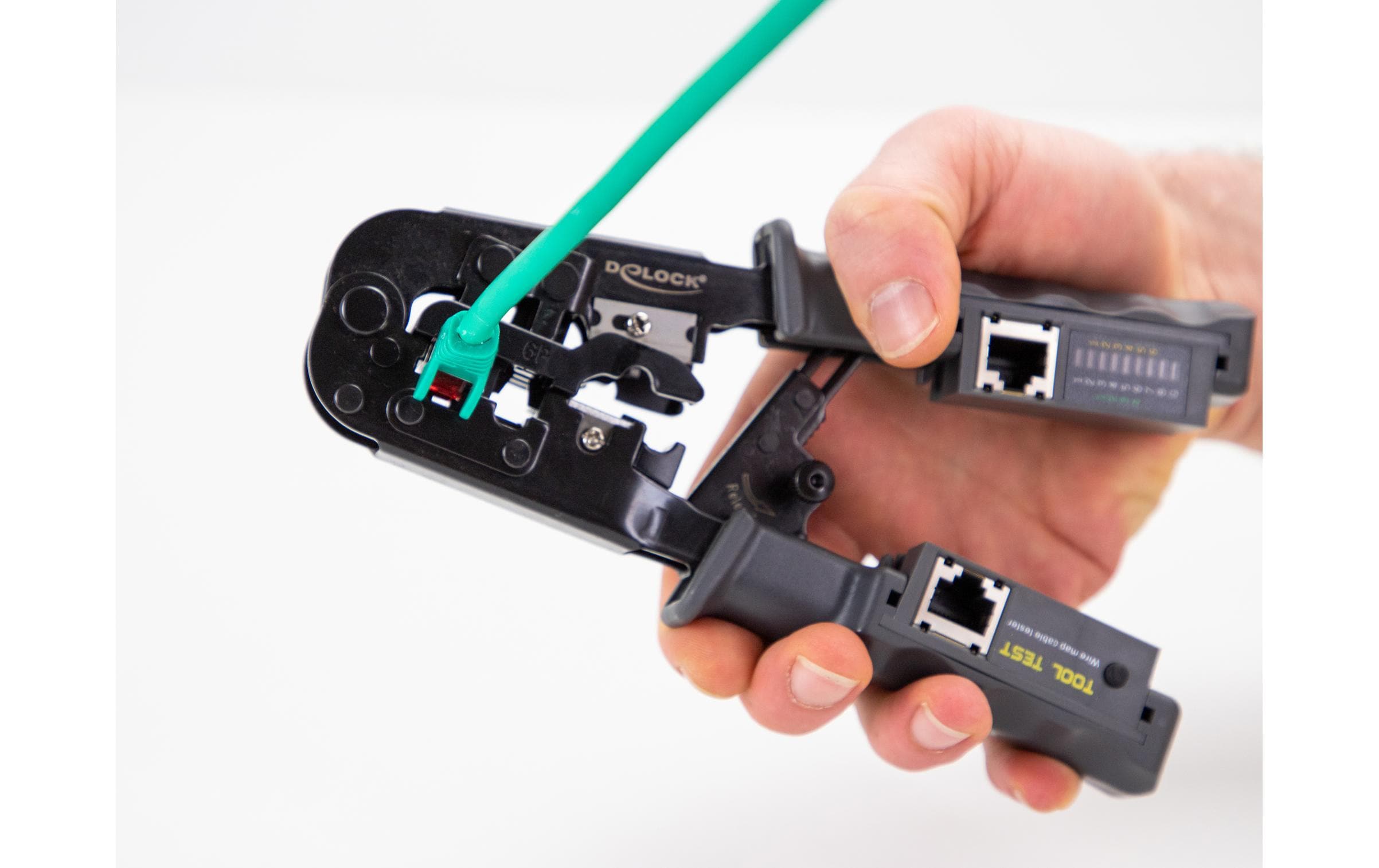 Delock 90510 Crimpzange mit Abisolierer und Netzwerktester für RJ45, RJ12/11 und RJ10 Stecker - Grau, Schwarz