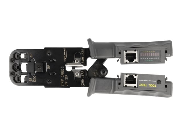 Delock Crimpzange 90511 mit Abisolierer und Netzwerktester für RJ45, RJ12, RJ11 und RJ10 Grau, Schwarz