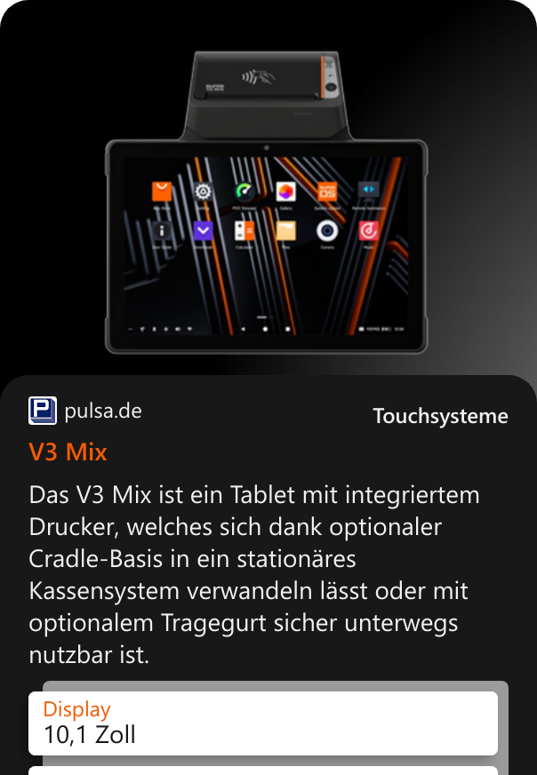 V3 Mix Das V3 Mix ist ein Tablet mit integriertem Drucker, welches sich dank optionaler Cradle-Basis in ein stationäres Kassensystem verwandeln lässt oder mit optionalem Tragegurt sicher unterwegs nutzbar ist.