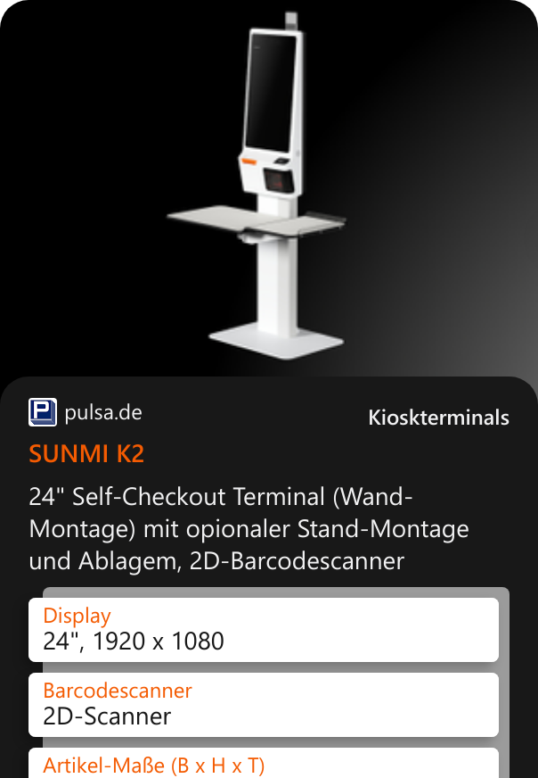 SUNMI K2 24 Self-Checkout Terminal (Wand-Montage) mit opionaler Stand-Montage und Ablagem, 2D-Barcodescanner
