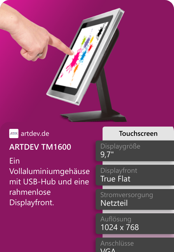 ARTDEV TM1600 Ein Vollaluminiumgehäuse mit USB-Hub und eine rahmenlose Displayfront.