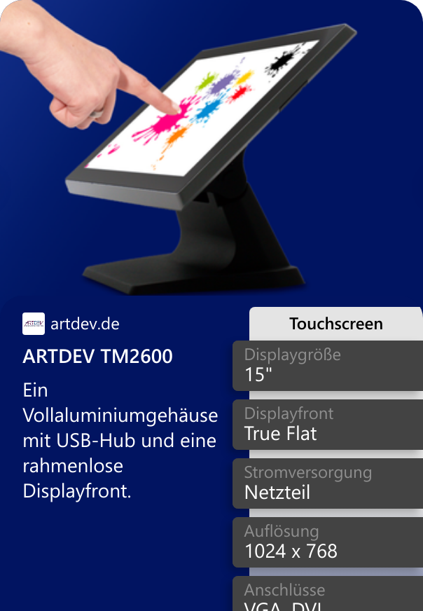 ARTDEV TM2600 Ein Vollaluminiumgehäuse mit USB-Hub und eine rahmenlose Displayfront.