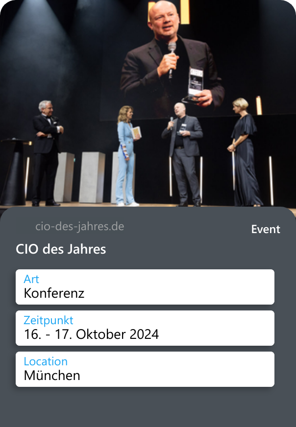 CIO des Jahres Mit dem Titel CIO DES JAHRES werden IT-Macher*innen ausgezeichnet, die mit Ihren Teams die IT in ihrem Unternehmen beispielgebend gestalten.