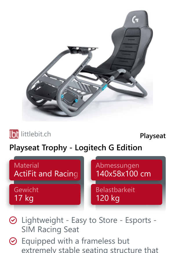  Playseat Trophy - Logitech G Edition Lightweight - Easy to Store - Esports - SIM Racing Seat
