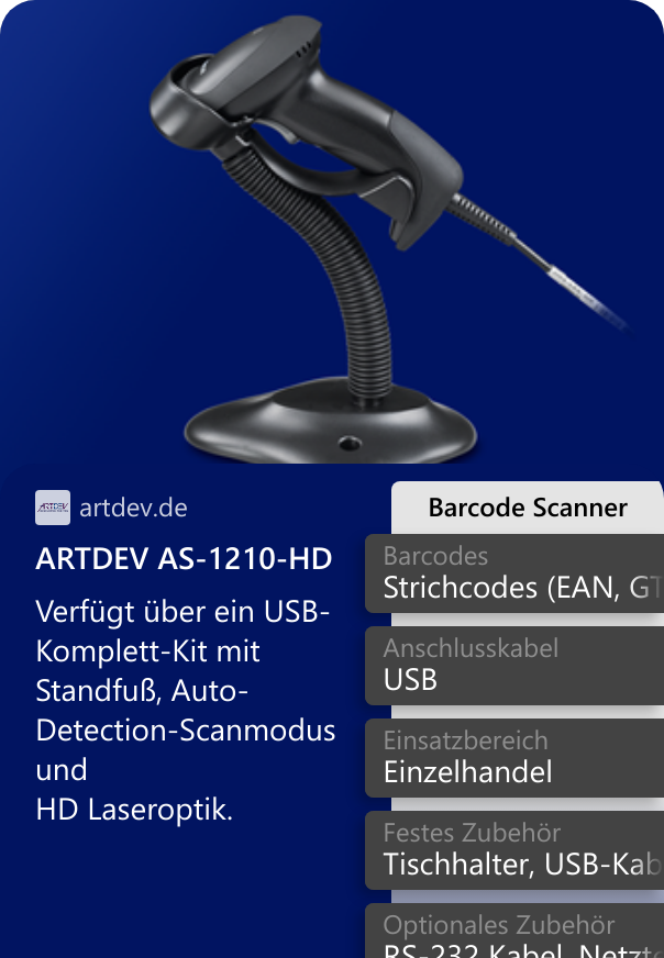 ARTDEV AS-1210-HD Verfügt über ein USB-Komplett-Kit mit Standfuß, Auto-Detection-Scanmodus undHD Laseroptik.