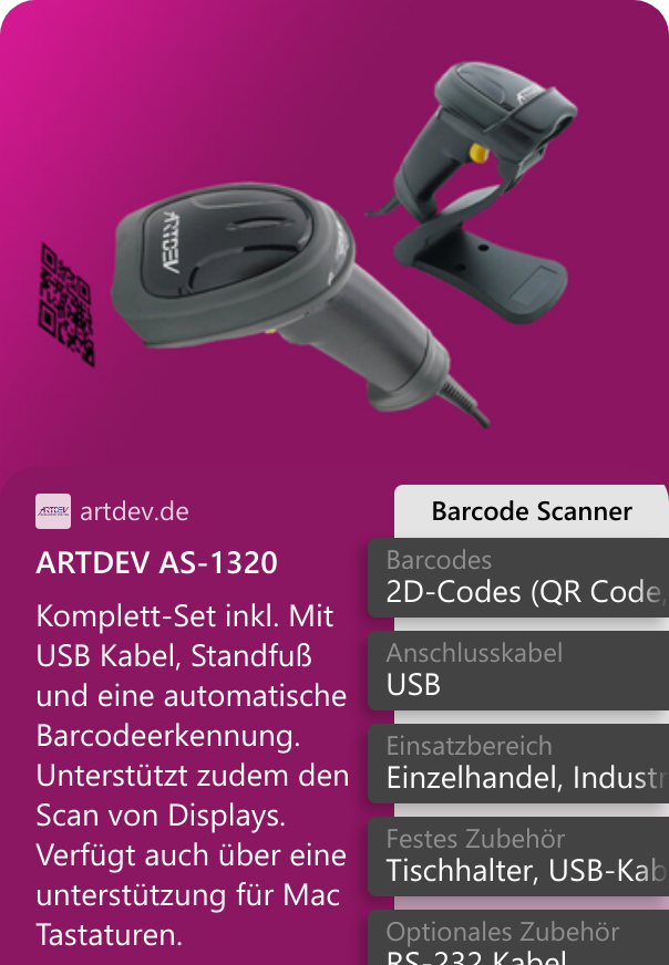 ARTDEV AS-1320 Komplett-Set inkl. Mit USB Kabel, Standfuß und eine automatische Barcodeerkennung. Unterstützt zudem den Scan von Displays. Verfügt auch über eine unterstützung für Mac Tastaturen.