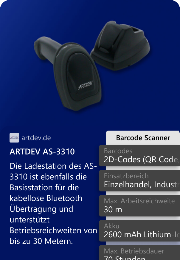 ARTDEV AS-3310 Die Ladestation des AS-3310 ist ebenfalls die Basisstation für die kabellose Bluetooth Übertragung und unterstützt Betriebsreichweiten von bis zu 30 Metern.