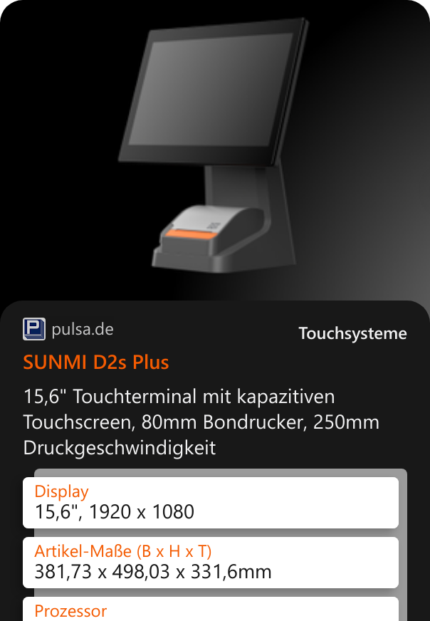 SUNMI D2s Plus 15,6 Touchterminal mit kapazitiven Touchscreen, 80mm Bondrucker, 250mm Druckgeschwindigkeit