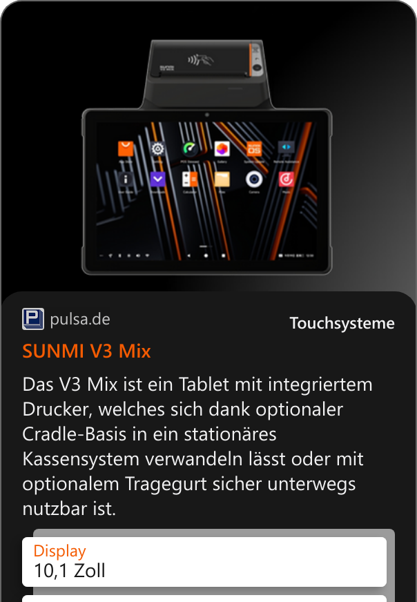 SUNMI V3 Mix Das V3 Mix ist ein Tablet mit integriertem Drucker, welches sich dank optionaler Cradle-Basis in ein stationäres Kassensystem verwandeln lässt oder mit optionalem Tragegurt sicher unterwegs nutzbar ist.