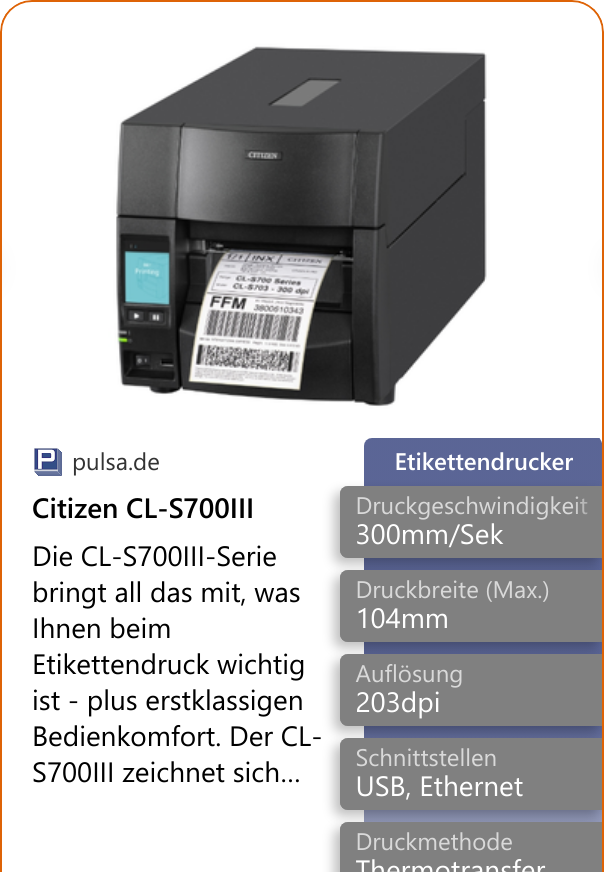 Citizen CL-S700III Die CL-S700III-Serie bringt all das mit, was Ihnen beim Etikettendruck wichtig ist - plus erstklassigen Bedienkomfort. Der CL-S700III zeichnet sich…