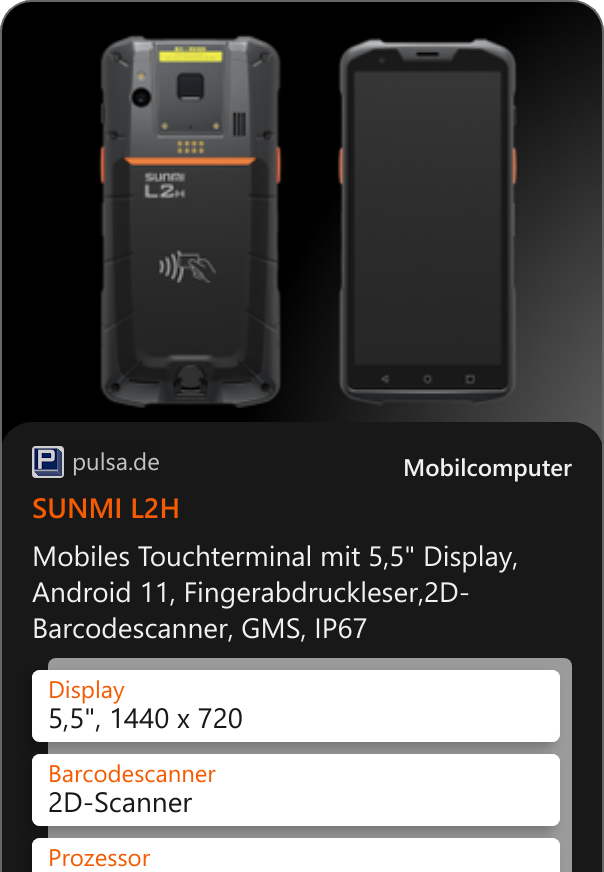 SUNMI L2H Mobiles Touchterminal mit 5,5 Display, Android 11, Fingerabdruckleser,2D-Barcodescanner, GMS, IP67