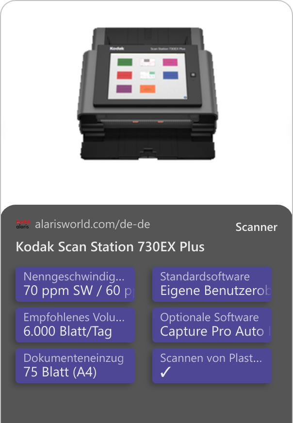 Kodak Scan Station 730EX Plus Leistungsstarke Integrationsfunktionen Lösung für effizienzsteigernde Anpassungen. Die einfache Netzwerkeinrichtung ermöglicht die schnelle und nahtlose Nutzung von Daten.