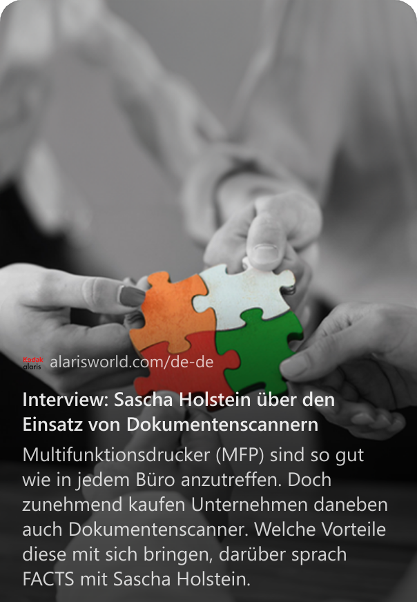 Interview: Sascha Holstein über den Einsatz von Dokumentenscannern Multifunktionsdrucker (MFP) sind so gut wie in jedem Büro anzutreffen. Doch zunehmend kaufen Unternehmen daneben auch Dokumentenscanner. Welche Vorteile diese mit sich bringen, darüber sprach FACTS mit Sascha Holstein.