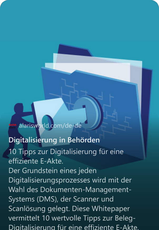 Digitalisierung in Behörden 10 Tipps zur Digitalisierung für eine effiziente E-Akte.Der Grundstein eines jeden Digitalisierungsprozesses wird mit derWahl des Dokumenten-Management-Systems (DMS), der Scanner und Scanlösung gelegt. Diese Whitepaper vermittelt 10 wertvolle Tipps zur Beleg-Digitalisierung für eine effiziente E-Akte.