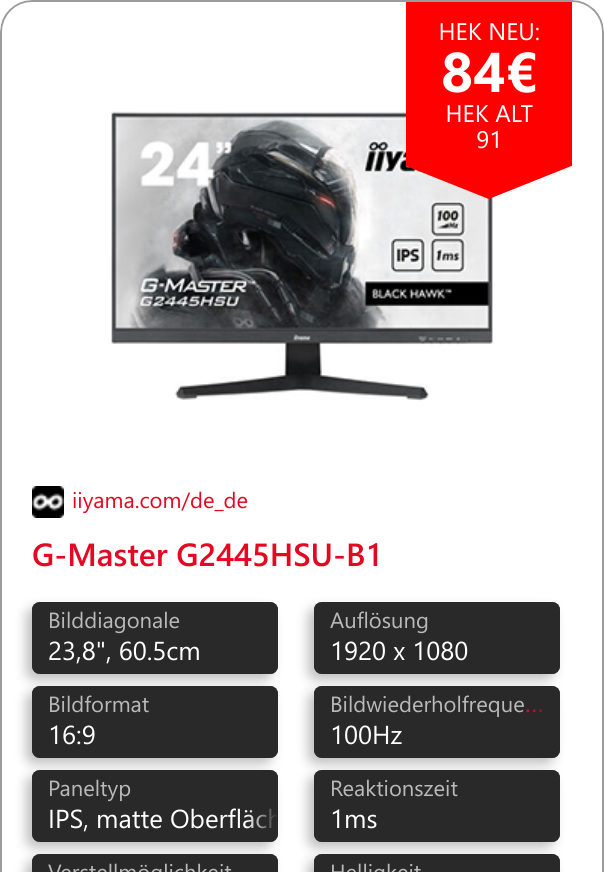 G-Master G2445HSU-B1 Mit dem G2445HSU mit IPS -Panel-Technologie und 1ms MPRT bist du immer einen Schritt voraus.Genieße mit dem 23,8 (60.5 cm) Gaming-Monitor G2445HSU außergewöhnliche Gaming-Leistungen.