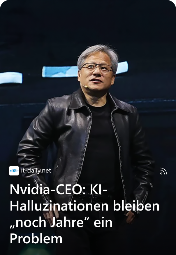 Nvidia-CEO: KI-Halluzinationen bleiben „noch Jahre“ ein Problem Der Nvidia-CEO Jensen Huang dämpft die Erwartungen an eine schnelle Lösung des Problems von KI-Halluzinationen. Auf einer Veranstaltung an der Hong Kong University of Science and Technology erklärte der Tech-Manager, dass die Branche noch „mehrere Jahre“ von einer zuverlässigen Lösung entfernt sei. Unter KI-Halluzinationen versteht man das Phänomen, bei dem KI-Systeme falsche Informationen generieren, um Wissenslücken zu füllen. Im Gespräch wurde die enorme Steigerung des Bedarfs an Rechenleistung für KI-Anwendungen thematisiert. Laut den Veranstaltern vervierfacht sich dieser Bedarf jährlich, was über zehn Jahre zu einer millionenfachen Steigerung führt. Diese Entwicklung spiegelt sich auch im Börsenwert von Nvidia wider, der sich in diesem Zeitraum um das 300-fache erhöht hat. Drei Phasen der KI-Entwicklung Huang erläuterte die aktuelle KI-Entwicklung anhand von drei Kernbereichen: Pre-Training: Diese Phase verglich er mit einem Universitätsstudium, bei dem die KI durch die Verarbeitung weltweiter Daten Wissen aufbaut. Dies sei zwar ein „wichtiger Meilenstein, aber nicht ausreichend“. Post-Training: In dieser Phase erfolgt die Spezialisierung durch verschiedene Techniken wie Reinforcement Learning mit menschlichem und KI-Feedback sowie synthetische Datengenerierung. Test Time Scaling: Diese komplexeste Phase bezeichnete Huang als „Denken“. Hier zerlegt die KI Probleme schrittweise und simuliert verschiedene Lösungswege. Trotz dieser fortgeschrittenen Entwicklungsstufen betonte Huang, dass die Vertrauenswürdigkeit von KI-Antworten weiterhin ein kritisches Problem darstellt. „Aktuell müssen Nutzer noch selbst entscheiden, ob eine Antwort halluziniert wurde oder nicht“, so Huang. Die Lösung sieht er in der kontinuierlichen Steigerung der Rechenleistung. Nvidias Beitrag zur KI-Revolution Huang verwies auf Nvidias entscheidenden Beitrag zur KI-Entwicklung: „Wir haben die marginalen Rechenkosten um den Faktor eine Million gesenkt.“ Diese drastische Kostenreduzierung hab