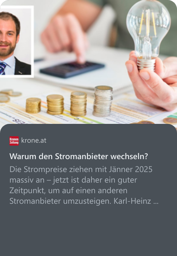 Warum den Stromanbieter wechseln? Die Strompreise ziehen mit Jänner 2025 massiv an – jetzt ist daher ein guter Zeitpunkt, um auf einen anderen Stromanbieter umzusteigen. Karl-Heinz ...